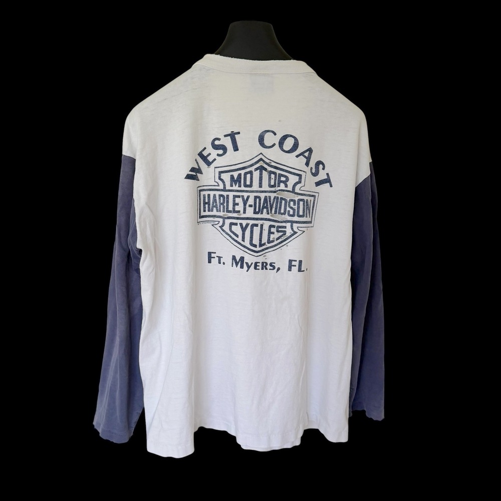 80's Harley Davidson Henley Shirt XL White Blue Long Sleeve Ft Myers FL Graphic